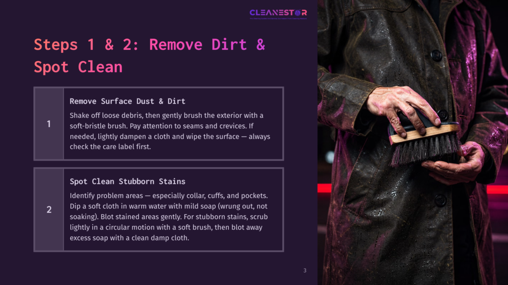 Close-Up Of A Person'S Hands Using A Soft Brush To Clean A Dark, Textured Garment, With Text Overlay &Quot;Cleanestar&Quot; And Instructions For Removing Dirt And Stains.