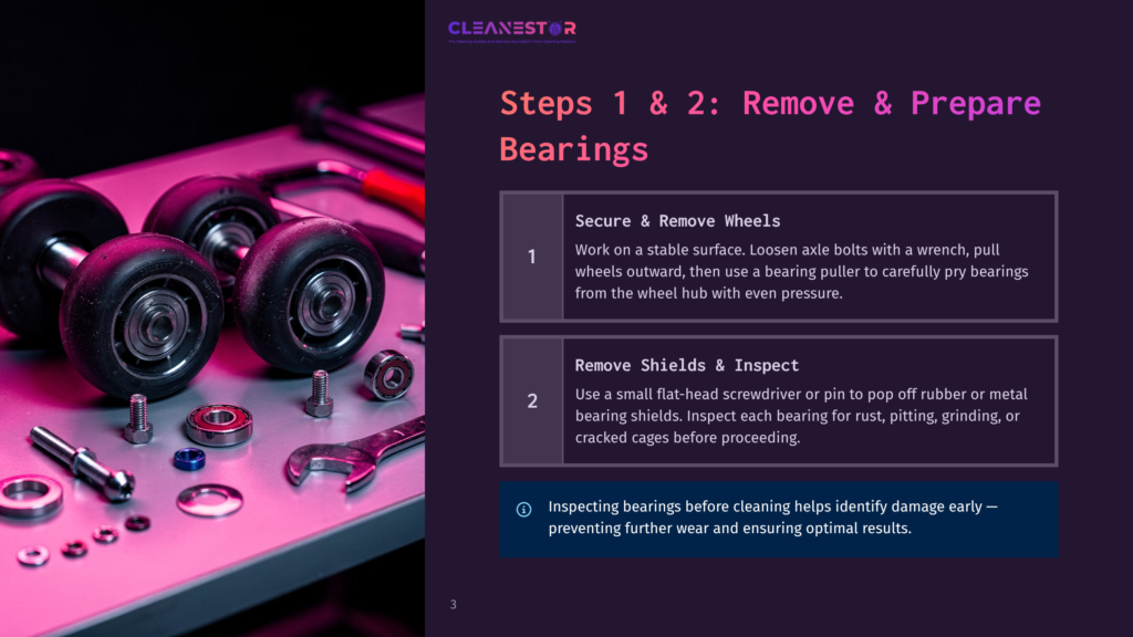 Steps 1 &Amp; 2: Remove &Amp; Prepare Bearings Instructions With An Image Of Disassembled Skateboard Wheels, Bearings, And Tools On A Metal Workbench.