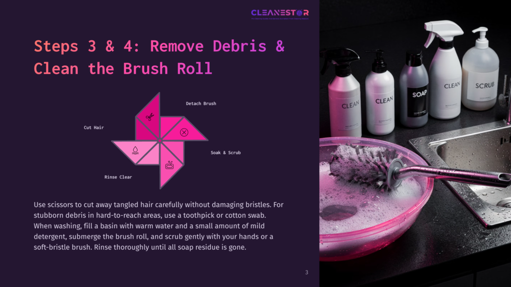 3 Steps 3 And 4 Remove Debris And Clean The Brush Roll Cleaning A Brush Roll: Steps 3 &Amp; 4 Show How To Remove Debris And Clean The Brush Roll, With Instructions On Cutting Hair, Detaching, Soaking, And Rinsing.