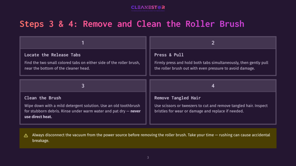 Steps 3 &Amp; 4: Remove And Clean The Roller Brush. Instructions Detail Locating Release Tabs, Pressing And Pulling The Brush, Cleaning It With A Mild Detergent, And Removing Tangled Hair With Scissors Or Tweezers.