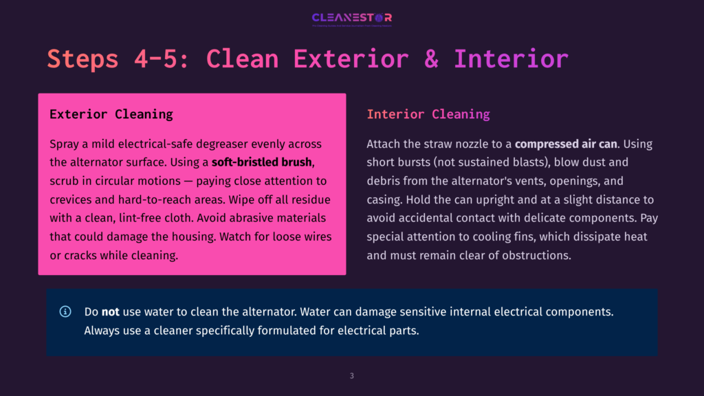 Page 3 Of A Cleaning Guide, Featuring Instructions For Cleaning Exterior And Interior Surfaces. Text Details Using Degreaser On Exteriors And Compressed Air On Interiors, With A Warning About Water And Electrical Parts.