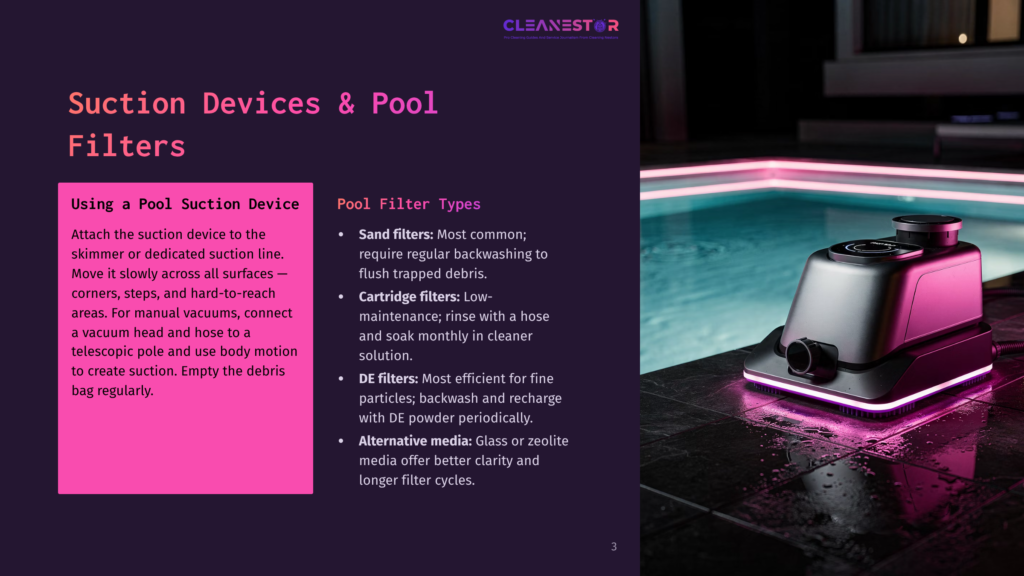 A Black Pool Vacuum Cleaner With Purple Led Lights Sits On A Wet, Dark Tiled Patio Beside A Brightly Lit Swimming Pool At Night. The Image Also Displays Text About Pool Suction Devices And Filters.
