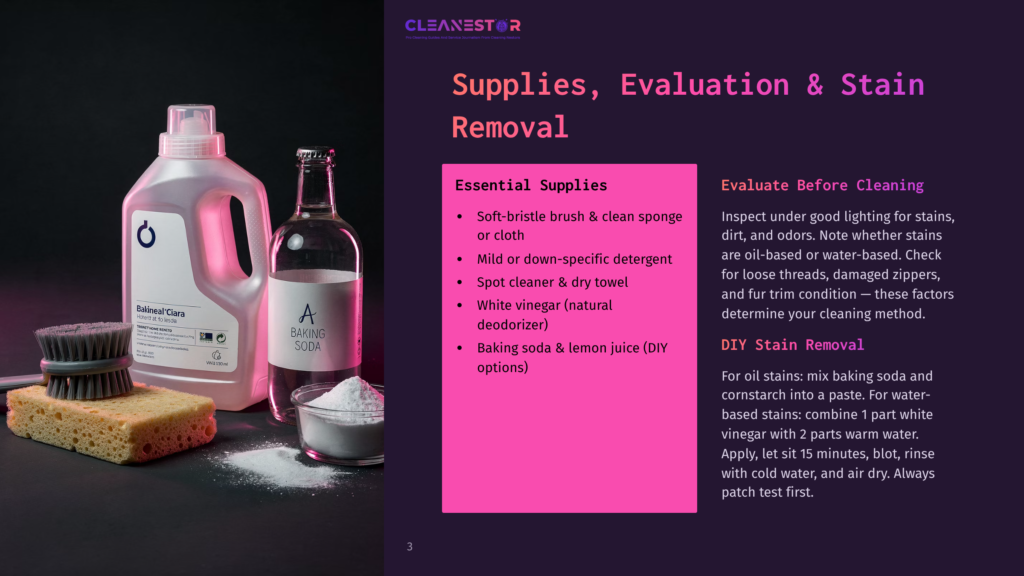 Cleaning Supplies For Stain Removal: A Large Bottle Of Bakhaal Clara Cleaner, A Jar Of Baking Soda, A Brush, And A Sponge On A White Surface.