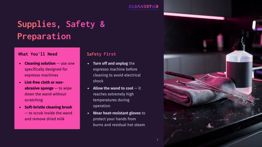 Cleanestor Espresso Machine Cleaning Supplies: Cleaning Solution, Lint-Free Cloth, Soft-Bristle Brush, And Heat-Resistant Gloves. Text Details Safety Precautions Like Unplugging The Machine And Allowing It To Cool.