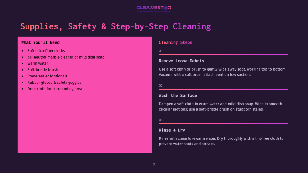 Supplies, Safety &Amp; Step-By-Step Cleaning Guide: Microfiber Cloths, Ph-Neutral Cleaner, Warm Water, Soft-Bristle Brush, Stone Sealer, Rubber Gloves, Safety Goggles, And Drop Cloth For Cleaning Marble.