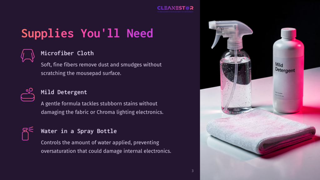 Cleaning Supplies For Electronics: Microfiber Cloth, Mild Detergent Spray Bottle, And Water Spray Bottle, With The Cleanestor Logo Visible.