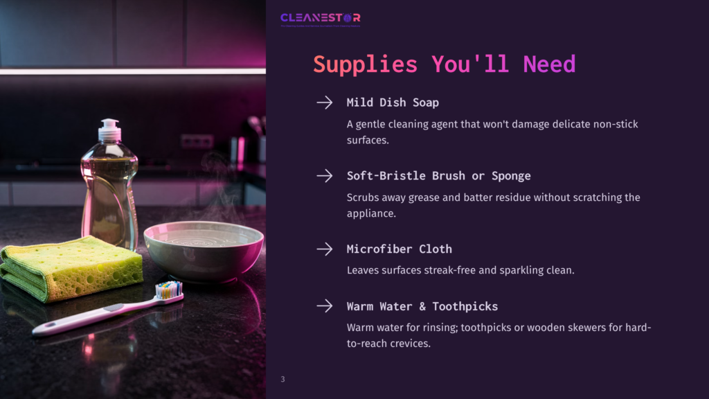 A Bottle Of Mild Dish Soap, A Soft-Bristle Brush, A Microfiber Cloth, And A Toothbrush Sit On A Dark Countertop Next To A Bowl Of Warm Water. Text Lists Cleaning Supplies.