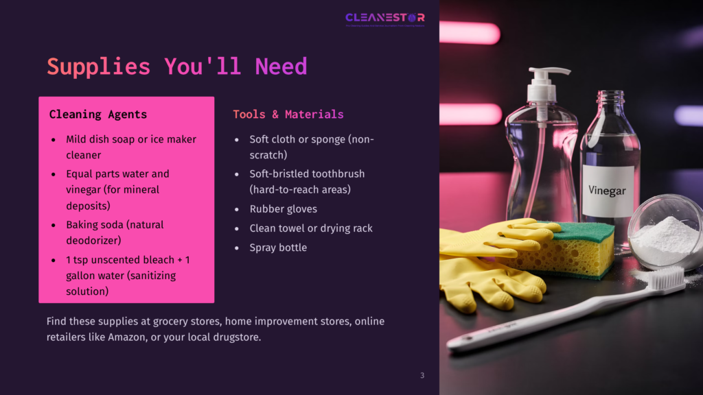 A Cleaning Supplies List For Diy Home Cleaning, Featuring Mild Dish Soap, Vinegar, Baking Soda, And Unscented Bleach. The Text &Quot;Supplies You'Ll Need&Quot; Is Prominent.