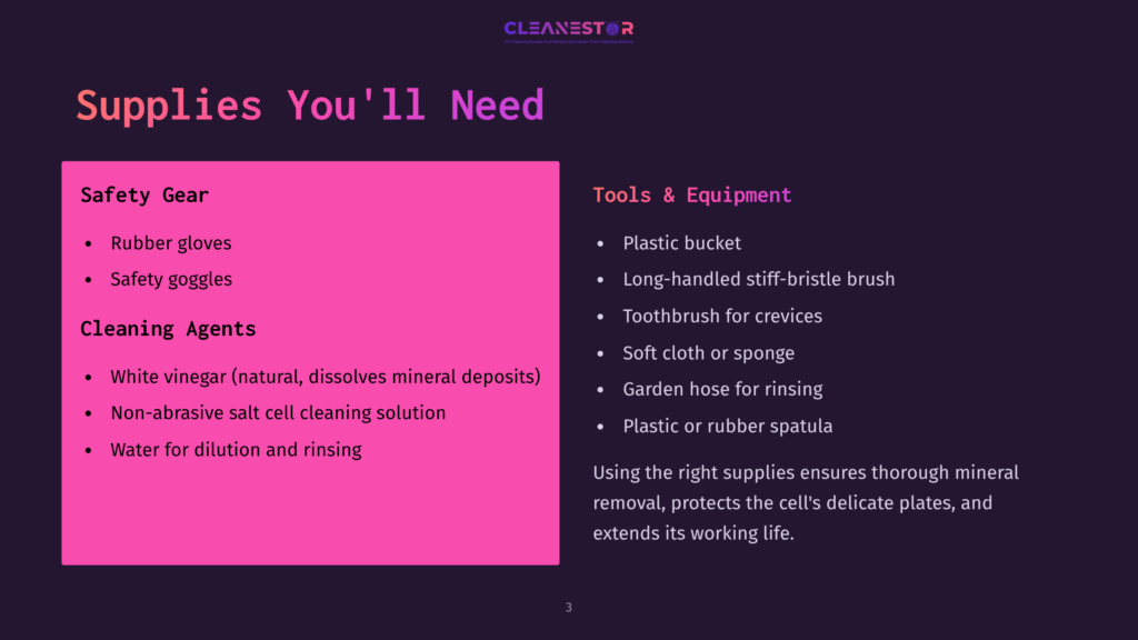 A Table On A Dark Background Lists Supplies Needed For Cell Cleaning, Including Safety Gear Like Rubber Gloves And Safety Goggles, Tools Such As A Plastic Bucket And A Long-Handled Stiff-Bristle Brush, And Cleaning Agents Like White Vinegar And A Non-Abrasive Salt Cell Cleaning Solution.