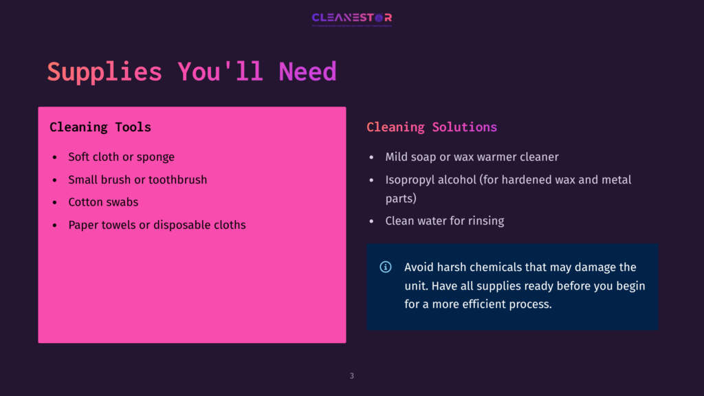 Slide 3: Supplies You'Ll Need For Cleaning. Left Side Lists Cleaning Tools: Soft Cloth, Toothbrush, Cotton Swabs, Paper Towels. Right Side Lists Cleaning Solutions: Mild Soap, Isopropyl Alcohol, Clean Water. A Warning About Harsh Chemicals Is Also Visible.