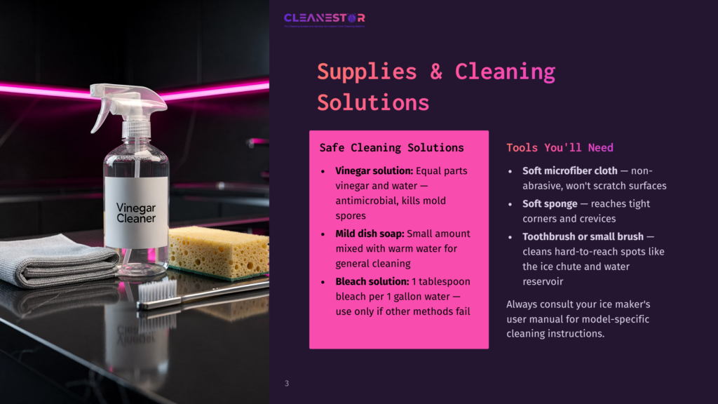 A Spray Bottle Labeled &Quot;Vinegar Cleaner&Quot; Sits Next To A Sponge And A Folded Gray Cloth On A Black Countertop. The Image Displays &Quot;Cleanestor&Quot; And &Quot;Supplies &Amp; Cleaning Solutions,&Quot; Listing Vinegar And Bleach Cleaning Solutions.