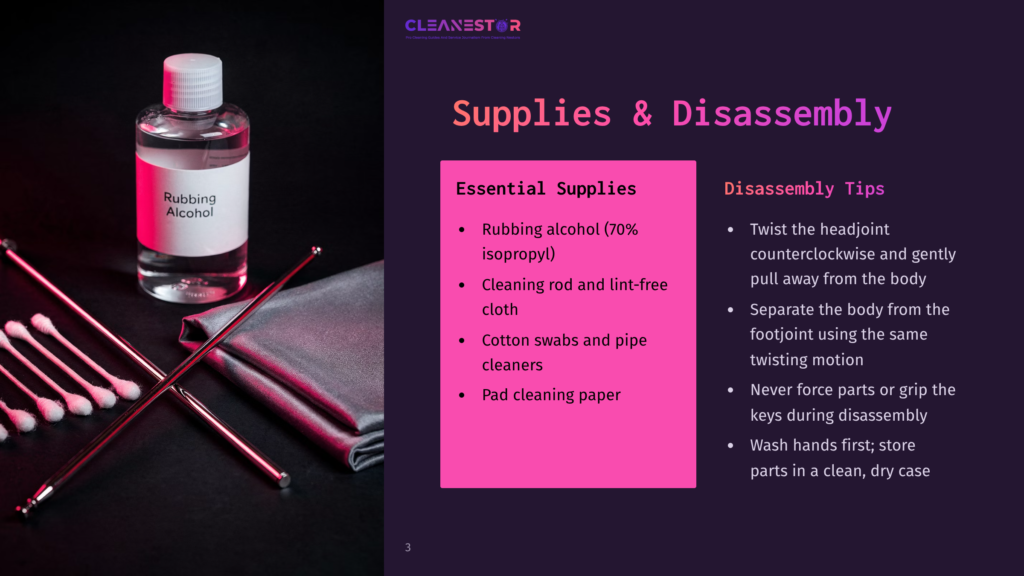 Essential Supplies For Cleaning A Device: A Bottle Of Rubbing Alcohol, Cotton Swabs, A Cleaning Rod, Lint-Free Cloth, And A Cleaning Paper, Laid Out On A Black Surface. Text Reads &Quot;Cleanestor&Quot; And &Quot;Supplies &Amp; Disassembly&Quot;.
