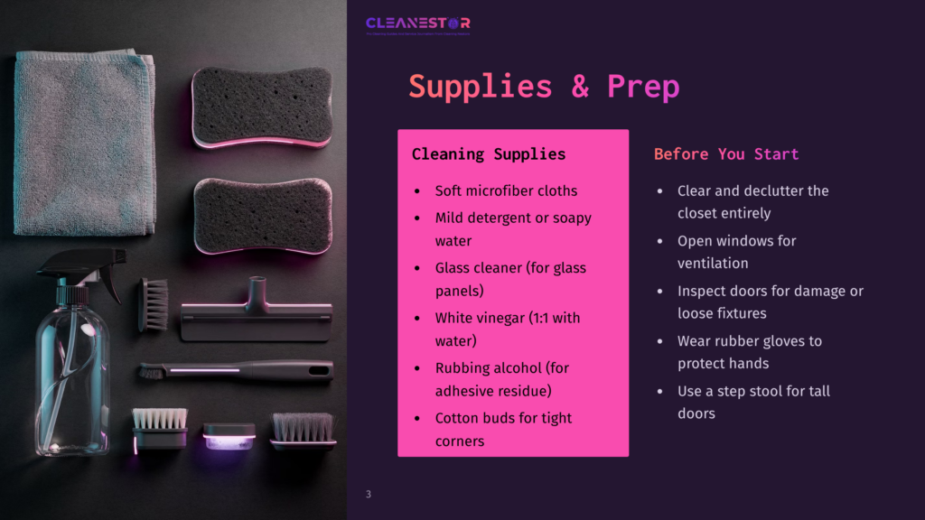 Cleaning Supplies Laid Out: A Spray Bottle, Brushes, Sponges, And Microfiber Cloths, With A Checklist For &Quot;Cleaning Supplies&Quot; And &Quot;Before You Start&Quot; Visible On A Pink Background.