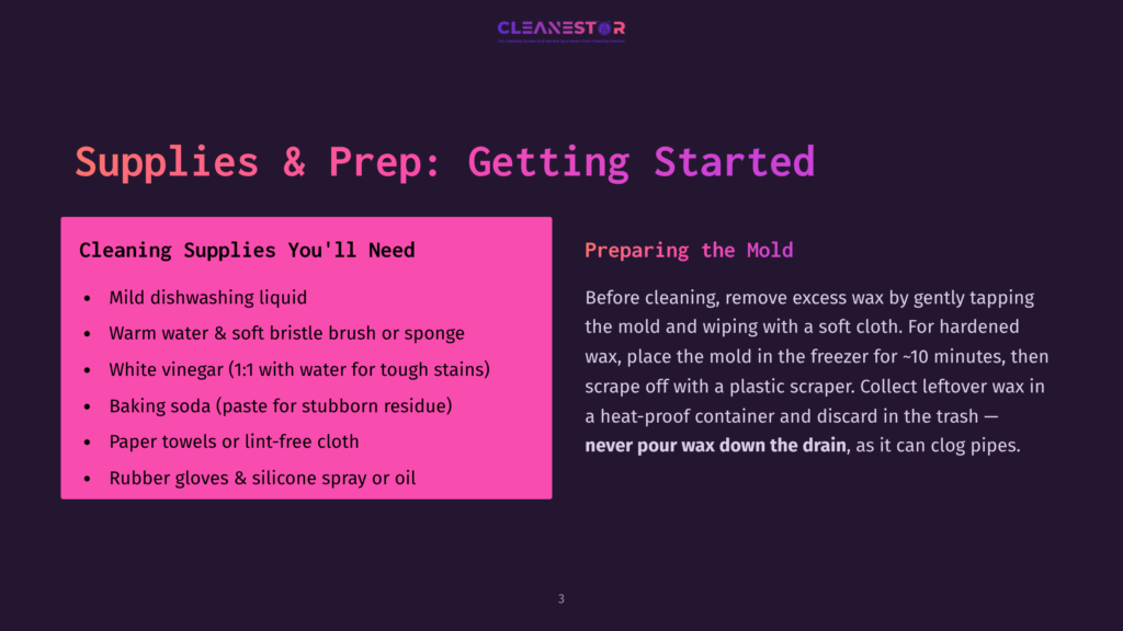 A Slide Titled &Quot;Supplies &Amp; Prep: Getting Started&Quot; Lists Cleaning Supplies Like Dish Soap, Warm Water, Vinegar, Baking Soda, Paper Towels, And Rubber Gloves, Alongside Instructions For Preparing A Mold By Freezing And Scraping Wax.