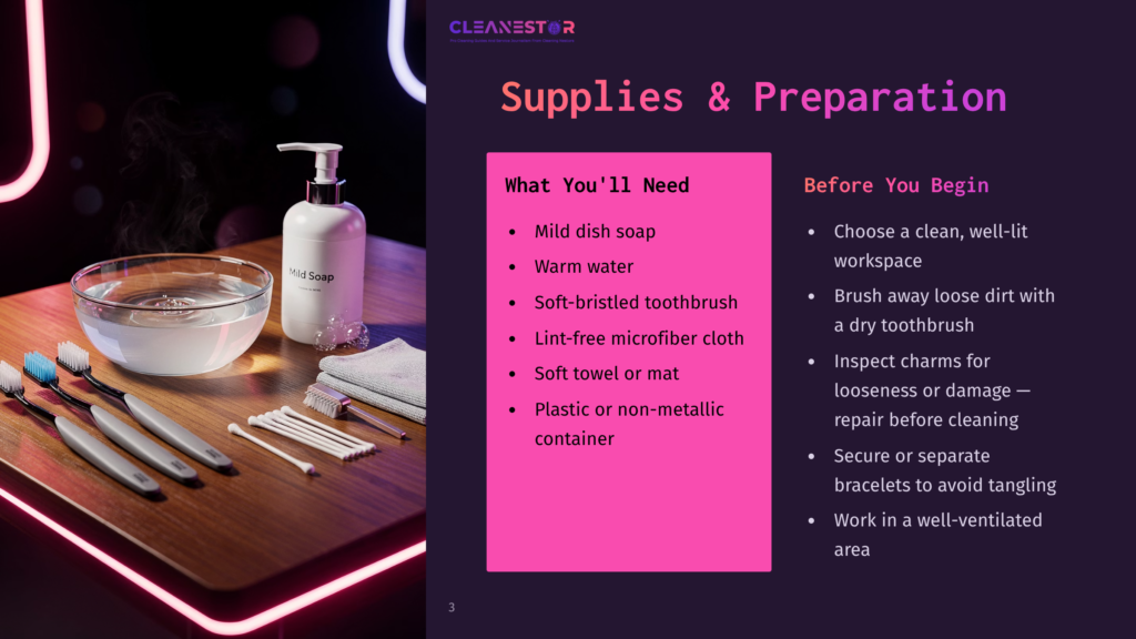A Still Life Setup For Cleaning Jewelry, Featuring Toothbrushes, A Bowl Of Soapy Water, And A Bottle Of Mild Dish Soap On A Wooden Surface With Neon Lighting.