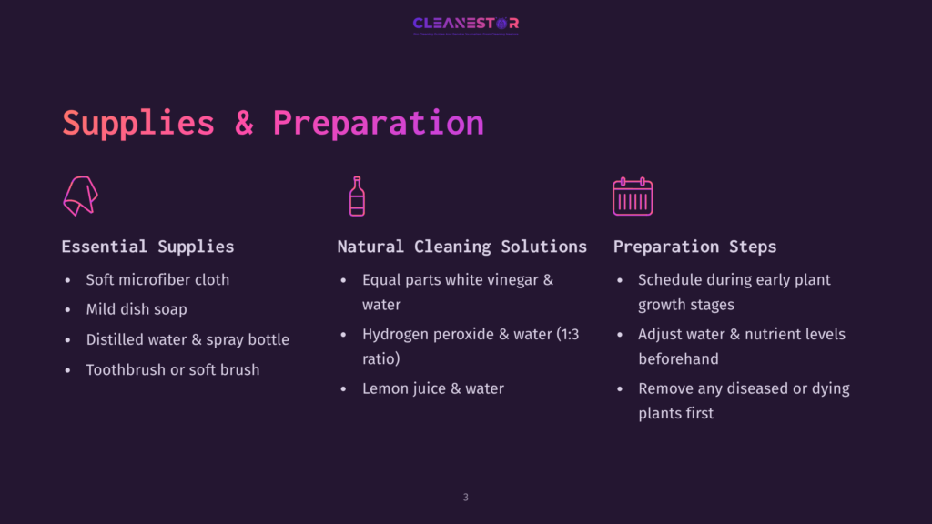 Dark Purple Slide With Text About Plant Care Supplies And Preparation: Essential Supplies, Natural Cleaning Solutions, And Preparation Steps. Icons Include A Pink Cloth, A Bottle, And A Calendar.