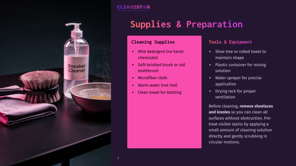 Sneaker Cleaning Supplies Including A Bottle Of &Quot;Sneaker Cleaner,&Quot; A Brush, A Microfiber Cloth, And A Bowl Of Soapy Water On A Dark Surface, With A Pink Infographic Listing Cleaning Supplies And Tools.