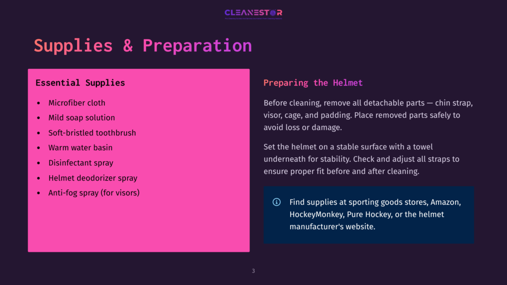 A Slide Titled &Quot;Supplies &Amp; Preparation&Quot; Lists Essential Cleaning Supplies For A Helmet, Including Microfiber Cloth, Mild Soap, Toothbrush, And Anti-Fog Spray, With Preparation Steps On The Right.