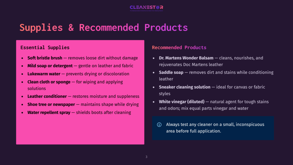 3 Supplies And Recommended Products A Pink Infographic Lists Supplies For Cleaning Dr. Martens Boots: Soft Bristle Brush, Mild Soap, Lukewarm Water, Cloth, Leather Conditioner, Shoe Tree, And Water Repellent Spray. A Dark Purple Section Lists Recommended Products: Dr. Martens Wonder Balsam, Saddle Soap, Sneaker Cleaning Solution, And White Vinegar.