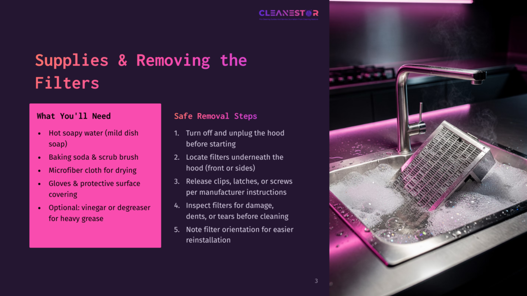 3 Supplies And Removing The Filters A Stainless Steel Range Hood Filter Is Being Cleaned In A Kitchen Sink, Covered In Suds. Text On The Left Lists Supplies For Cleaning Filters, Including &Quot;Hot Soapy Water&Quot; And &Quot;Baking Soda.