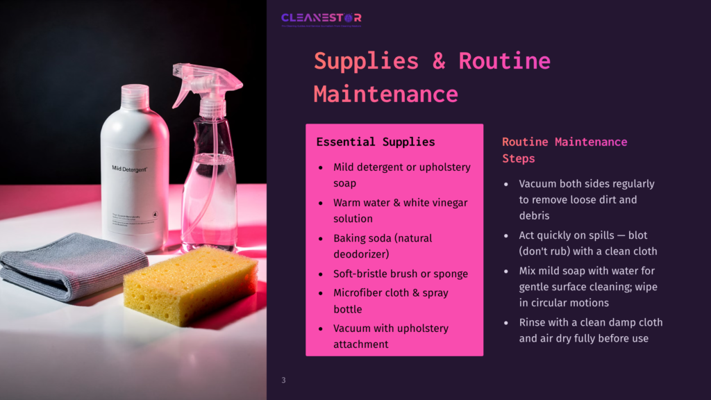 Cleanestor Mild Detergent Bottle, Spray Bottle, Microfiber Cloth, And Sponge On A Dark Surface, With A Graphic Overlay Listing Supplies And Routine Maintenance Steps For Cleaning.