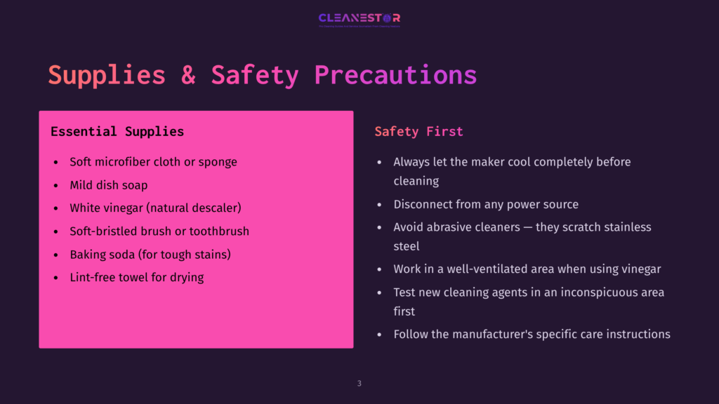 3 Supplies And Safety Precautions A Slide Titled &Quot;Supplies &Amp; Safety Precautions&Quot; Lists Essential Cleaning Supplies Like Microfiber Cloths, Dish Soap, And Vinegar, Alongside Safety Tips Such As Disconnecting Power And Using Well-Ventilated Areas.