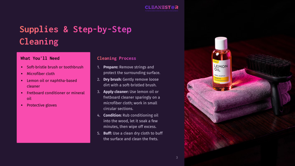 Cleaning Supplies For Guitar Maintenance: A Bottle Of Lemon Oil, A Microfiber Cloth, And A Soft-Bristle Brush Are Neatly Arranged On A Dark Surface.