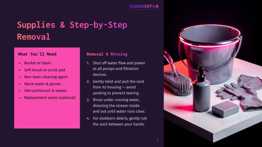 A Gray Bucket With A Pink Led Light Sits On A White Surface Next To Cleaning Supplies: A Brush, A Soap Dispenser, Gloves, And A Bar Of Soap. The Image Includes Text About &Quot;Supplies &Amp; Step-By-Step Removal&Quot; And &Quot;Removal &Amp; Rinsing.