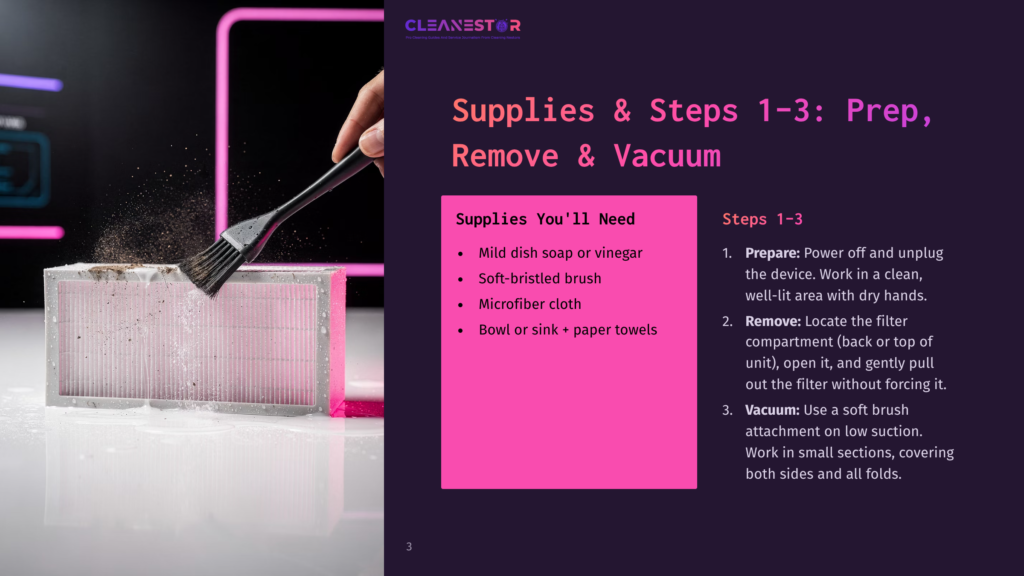 Closestor Supplies And Steps 1-3: Prep, Remove &Amp; Vacuum. A Hand Uses A Soft Brush To Clean A Pink Air Filter, With A Pink Cleaning Solution And A Microfiber Cloth Nearby.