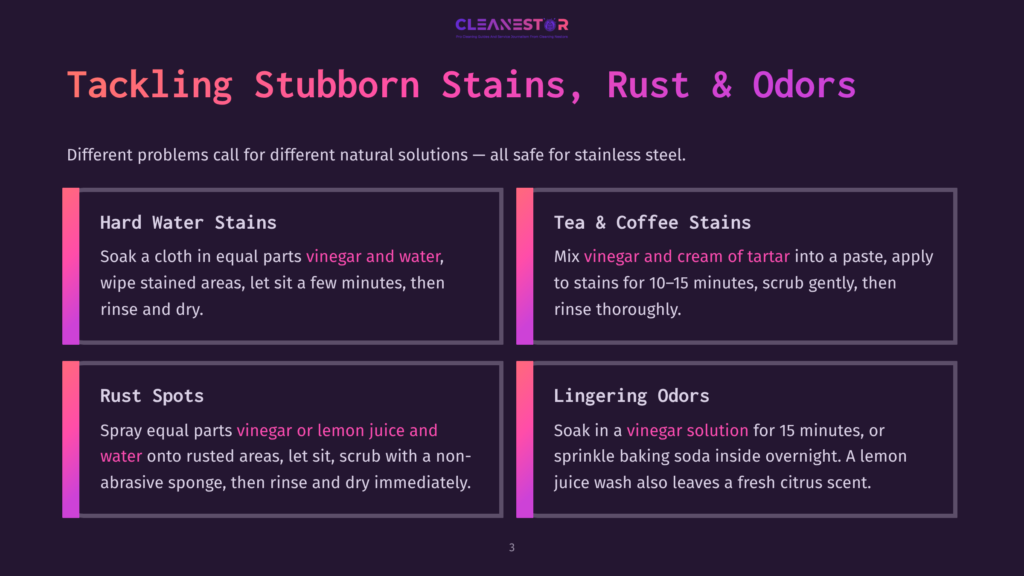 3 Tackling Stubborn Stains Rust And Odors Infographic Titled &Quot;Tackling Stubborn Stains, Rust &Amp; Odors&Quot; With Four Sections: Hard Water Stains, Tea &Amp; Coffee Stains, Rust Spots, And Lingering Odors. Each Section Provides Natural Cleaning Solutions For Stainless Steel.