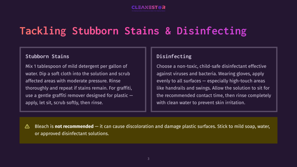 3 Tackling Stubborn Stains And Disinfecting Purple Background With A Dark Banner At The Top Displaying &Quot;Cleanestar&Quot; Logo. Below, Two Boxes Detail Cleaning Tips: &Quot;Stubborn Stains&Quot; And &Quot;Disinfecting.&Quot; A Yellow Warning Box At The Bottom States, &Quot;Bleach Is Not Recommended.