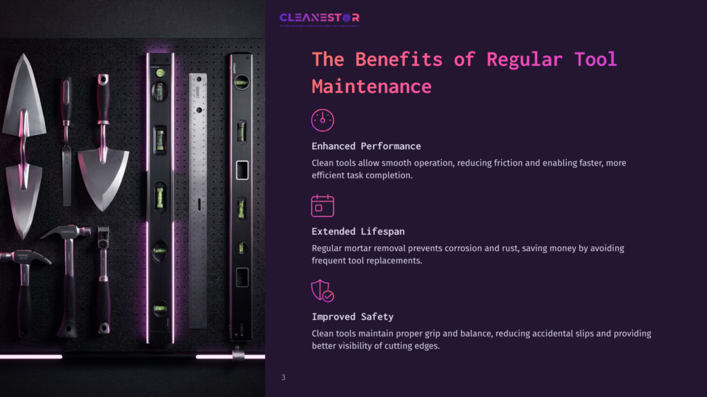 A Collection Of Clean, Well-Maintained Tools Including Shovels, Hammers, And Levels, Displayed Against A Dark, Textured Background. Text On The Right Highlights &Quot;The Benefits Of Regular Tool Maintenance,&Quot; Detailing Enhanced Performance, Extended Lifespan, And Improved Safety.