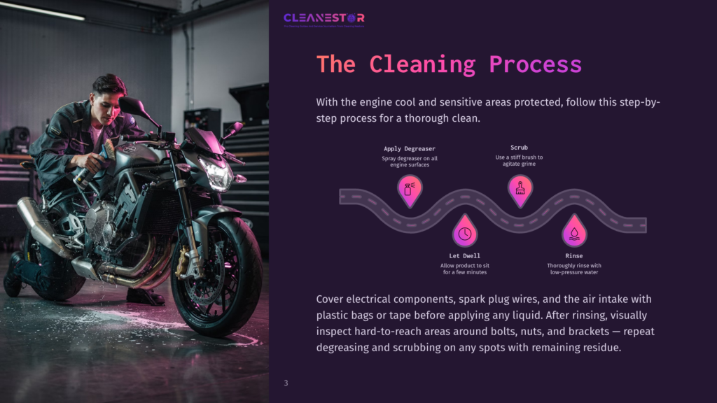 3 The Cleaning Process A Man In A Black Jacket And Jeans Degreases A Motorcycle In A Dimly Lit Garage. The &Quot;Cleanestor The Cleaning Process&Quot; Graphic Shows Steps: Apply Degreaser, Let Dwell, Rinse, And Scrub.