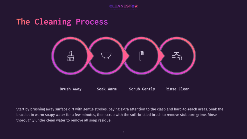 The Cleaning Process: A Four-Step Visual Guide Showing A Brush, Bowl Of Soapy Water, Toothbrush, And Running Faucet, With Text Explaining How To Clean A Bracelet.