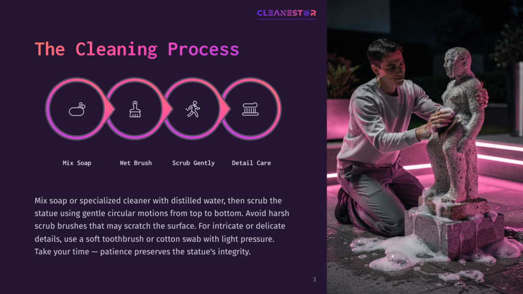 A Man Cleans A Stone Statue With A Brush And Soap Suds. The Image Also Shows A Graphic Detailing The Cleaning Process: Mix Soap, Wet Brush, Scrub Gently, And Detail Care.