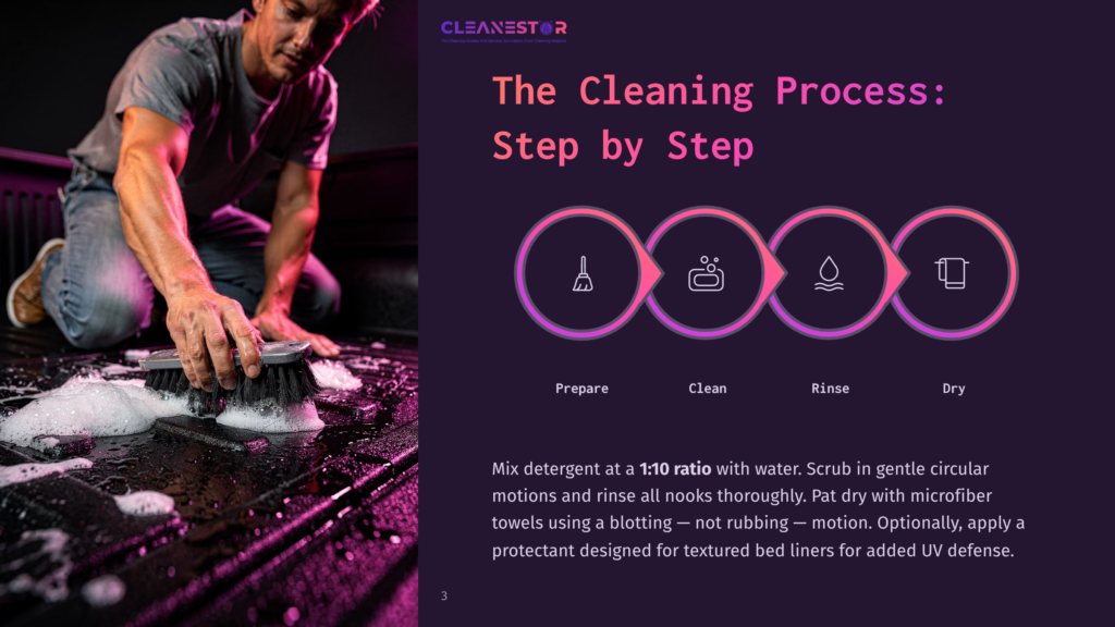 A Man In A Grey T-Shirt Scrubs A Textured Truck Bed Liner With A Brush, Creating Suds. The Image Is Part Of A &Quot;The Cleaning Process: Step By Step&Quot; Graphic With Icons For Prepare, Clean, Rinse, And Dry.