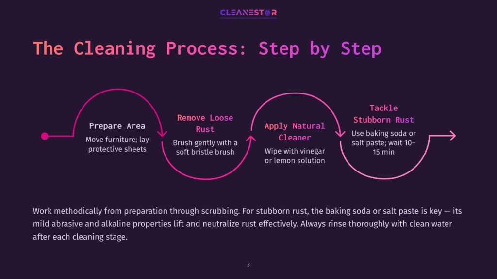 3 The Cleaning Process Step By Step Infographic Detailing The Cleaning Process: Prepare Area, Remove Loose Rust, Apply Natural Cleaner, Tackle Stubborn Rust. Includes Step-By-Step Instructions And Tips For Rust Removal.