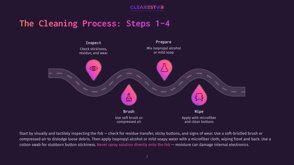 Diagram Illustrating The 4-Step Cleaning Process For Electronics: Inspect, Prepare, Brush, And Wipe, With Icons Representing Each Step. The Process Involves Checking For Residue, Using Isopropyl Alcohol Or Mild Soap, Brushing With A Soft Cloth, And Applying A Microfiber Cloth.