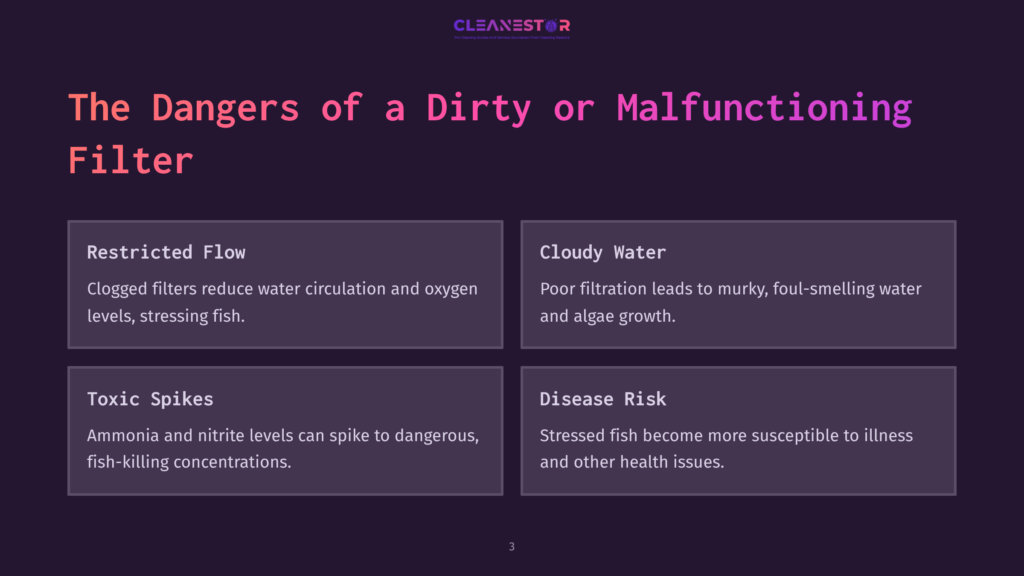 The Dangers Of A Dirty Or Malfunctioning Filter: Restricted Flow, Cloudy Water, Toxic Spikes, And Disease Risk Are Highlighted In This Graphic.