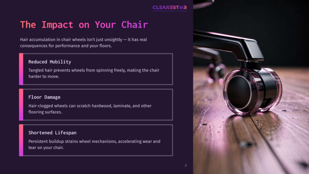 Close-Up Of A Black Office Chair Caster Wheel Clogged With Tangled Hair On A Polished Wooden Floor, Illustrating The Impact Of Hair Accumulation On Chair Mobility And Flooring.