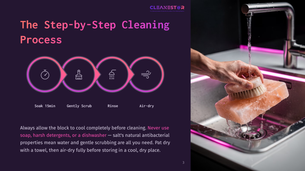 A Hand Using A Himalayan Salt Block To Clean A Sink, With Water Running From A Faucet. The Sink Displays Four Steps Of Cleaning: Soak, Scrub, Rinse, And Air-Dry, Indicated By Icons And Text.