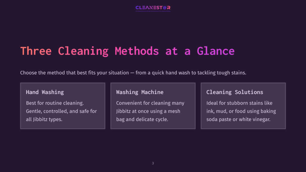 3 Three Cleaning Methods At A Glance Three Cleaning Methods: Hand Washing, Washing Machine, And Cleaning Solutions, Are Presented With Descriptions Of Their Benefits For Cleaning Jibbz And Stubborn Stains.