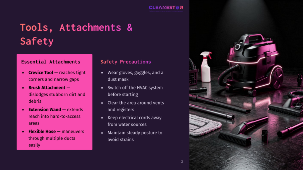 3 Tools Attachments And Safety A Dark, Moody Studio Shot Showcases A Powerful, Black Cleanstar Vacuum Cleaner With Chrome Accents, Surrounded By Various Cleaning Attachments Like Crevice Tools, Brushes, And A Flexible Hose. Text On The Left Lists &Quot;Essential Attachments&Quot; And &Quot;Safety Precautions&Quot; For The Vacuum.