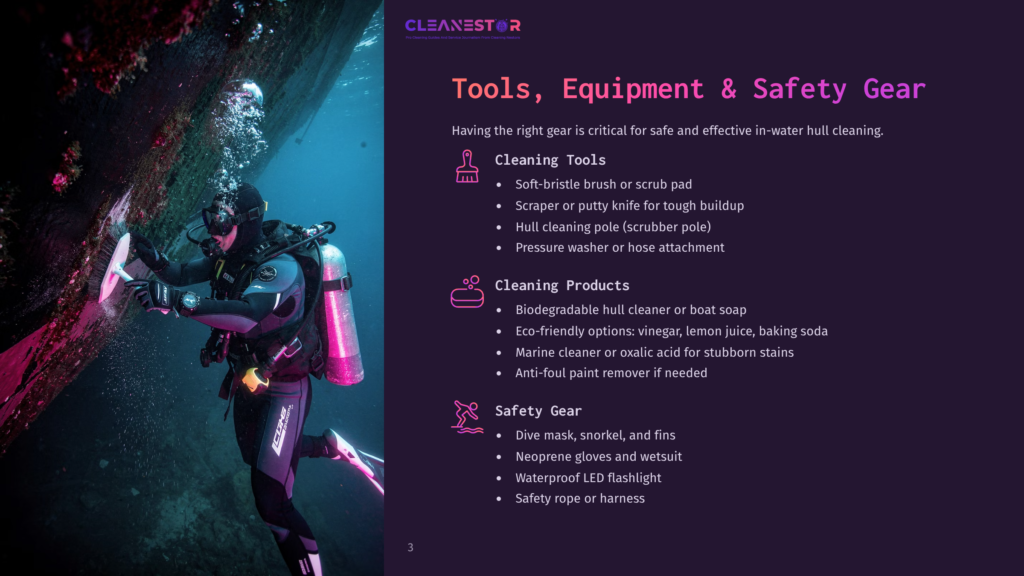 A Diver In A Black Wetsuit Cleans A Hull Underwater, Using A Brush And A Pole. The Scene Is Lit By Artificial Light, With Pink And Blue Hues Reflecting Off The Water And Equipment.
