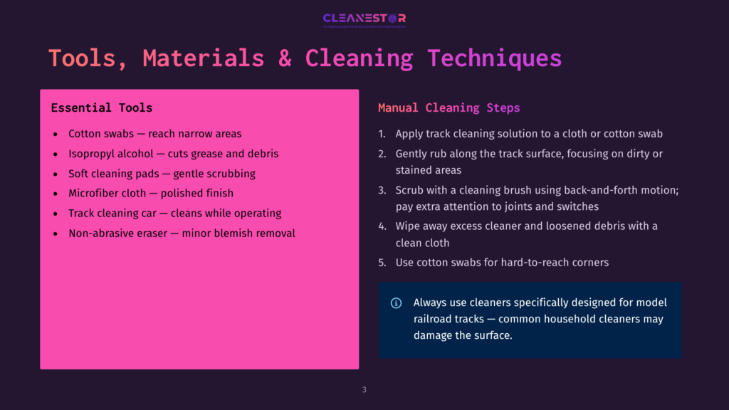 A Dark Blue Slide With The Title &Quot;Tools, Materials &Amp; Cleaning Techniques&Quot; And Two Columns: &Quot;Essential Tools&Quot; With A Pink Background Listing Cleaning Supplies, And &Quot;Manual Cleaning Steps&Quot; With A Dark Blue Background Detailing Cleaning Instructions.