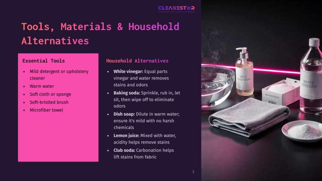 Cleanestor Infographic Showing Essential Cleaning Tools And Household Alternatives With A Close-Up Of White Vinegar, Baking Soda, Dish Soap, Lemon Juice, And Club Soda On A Black Background.