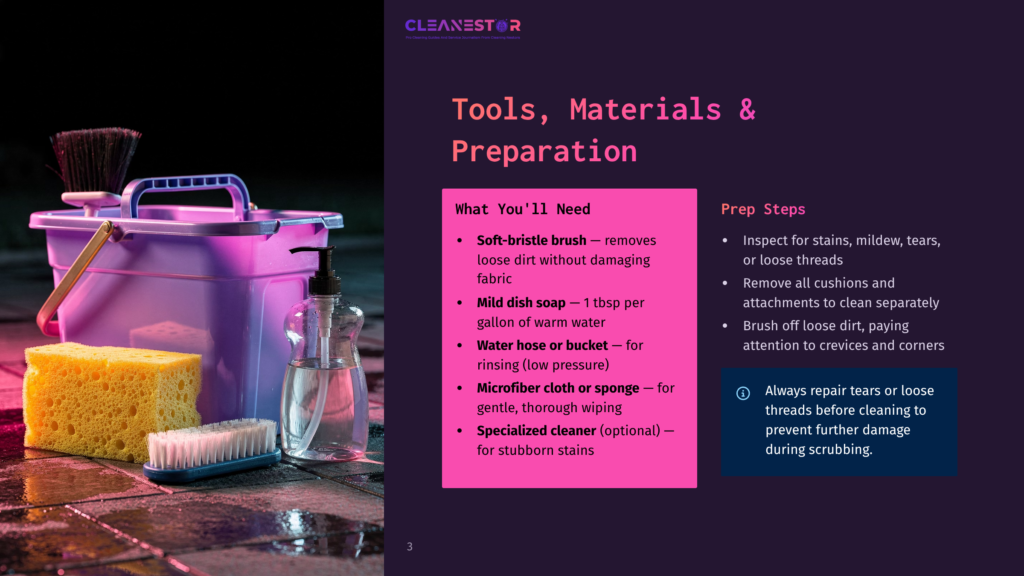 A Purple Bucket Filled With Cleaning Supplies, Including A Yellow Sponge, A Scrub Brush, And A Bottle Of Dish Soap, Sits On A Wet, Reflective Floor Next To A Collection Of Cleaning Tools. Text On The Right Side Lists &Quot;Tools, Materials &Amp; Preparation&Quot; And &Quot;What You'Ll Need&Quot; With Bullet Points Detailing Cleaning Items.
