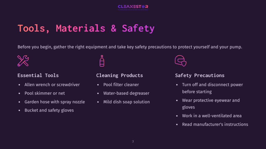 A Dark Background With The Title &Quot;Tools, Materials &Amp; Safety&Quot; In Large, Colorful Text. Below, Three Columns Detail Essential Tools, Cleaning Products, And Safety Precautions With Icons And Bullet Points.
