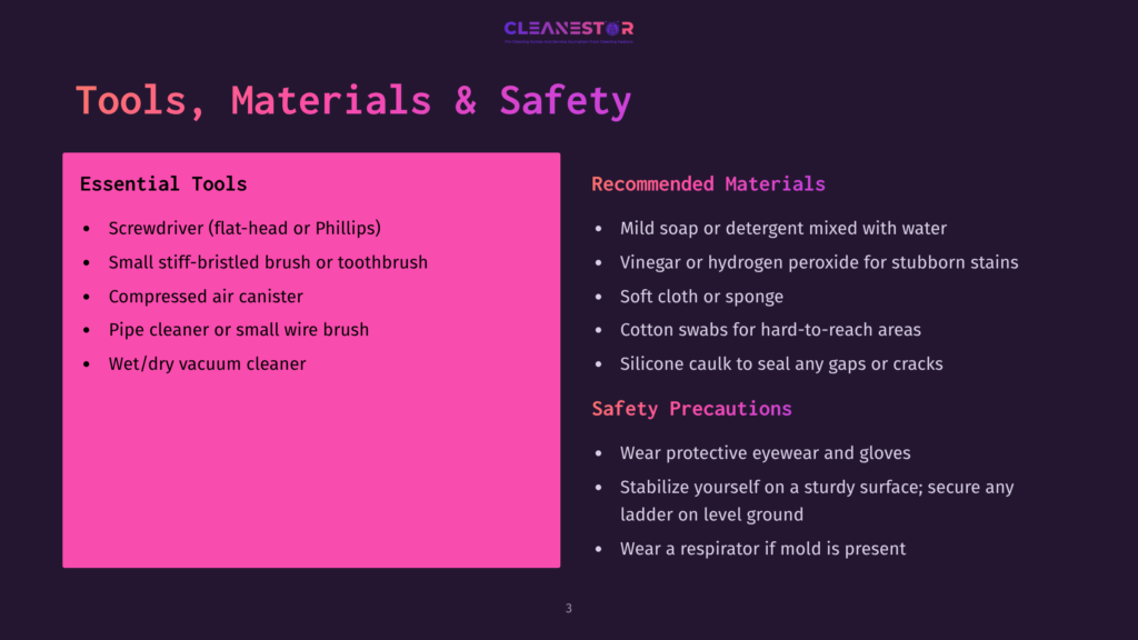 3 Tools Materials And Safety Cleanestor Logo At The Top. The Image Displays Two Columns: &Quot;Essential Tools&Quot; With Items Like A Screwdriver, Brush, And Vacuum, And &Quot;Recommended Materials&Quot; Listing Soap, Vinegar, And Cloths. Safety Precautions Are Also Listed.