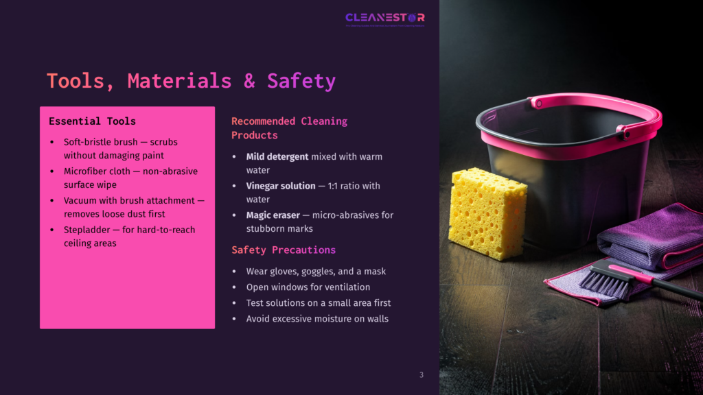 A Cleaning Bucket With A Yellow Sponge And A Soft-Bristle Brush Sits Next To A Microfiber Cloth On A Dark Wooden Surface, With Text Overlay Listing Cleaning Tools And Safety Tips.